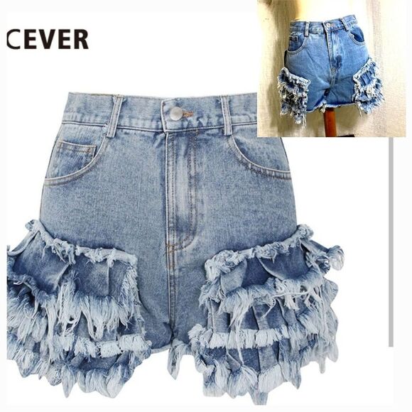 Chicever NWT High-Waist Patchwork Ruffles Denim Shorts Size XL - Picture 1 of 10
